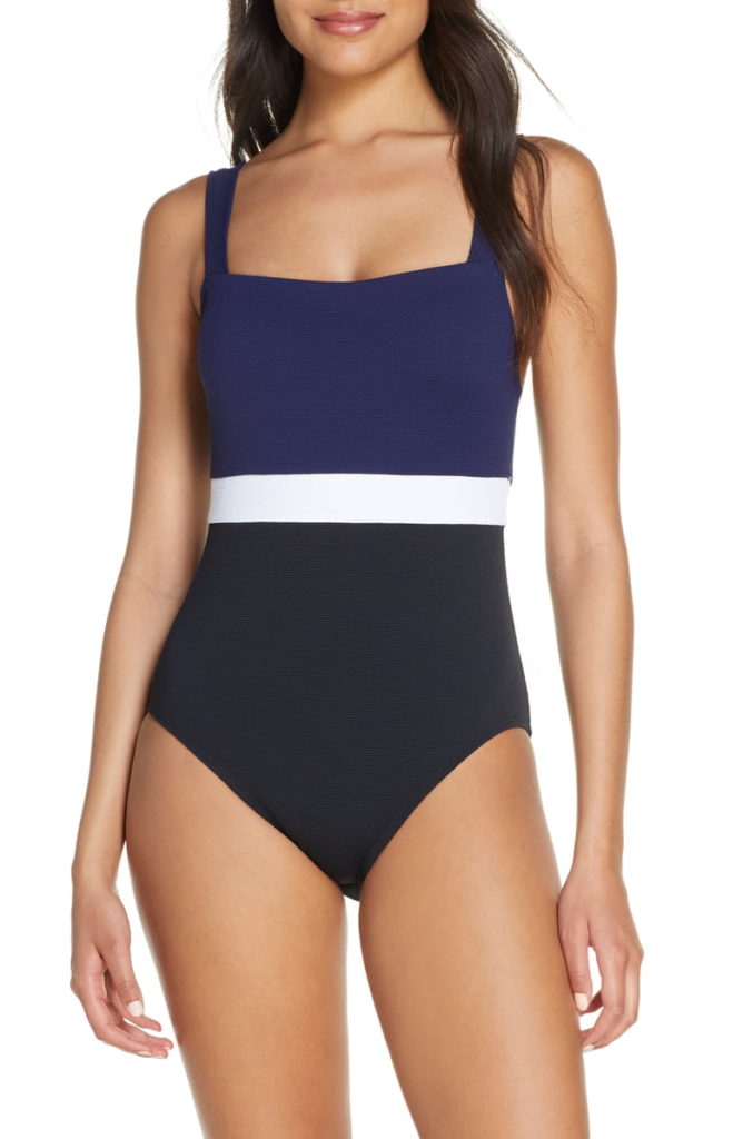 TOMMY BAHAMA Colorblock Square Neck One-Piece Swimsuit, Main, color, BLACK