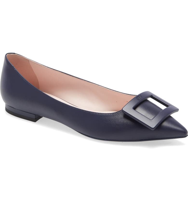 ROGER VIVIER Gommettine Buckle Pointy Toe Flat, Main, color, NAVY